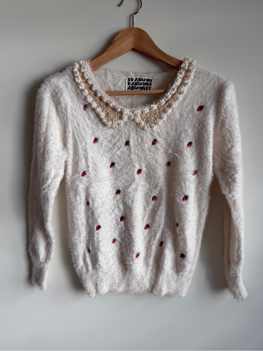 Cream Fuzzy Sweater with Pearl Collar and Embroidered Accent